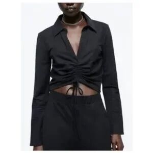 ZARA Black Cinched Front Collared Long Sleeve Top
